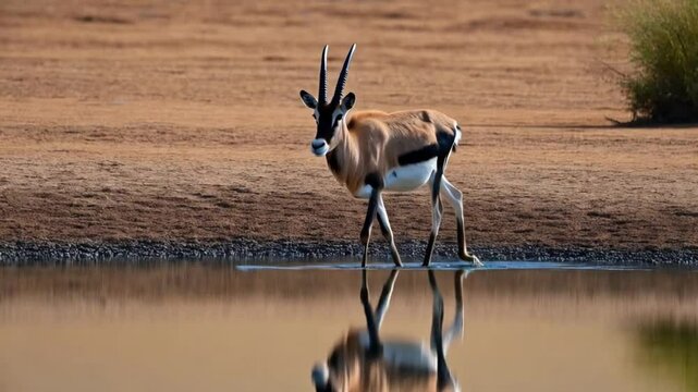 wildlife photography, desert landscape, gazelle reflection, watering hole, savanna, dry terrain, crisp details, natural lighting, serene atmosphere, long horns, slender legs, earth tones, still water,