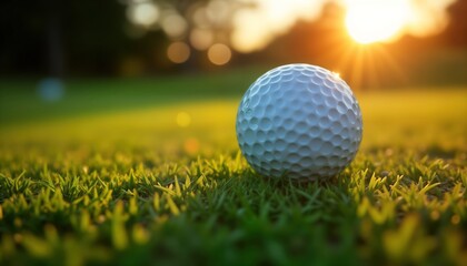 Obraz premium Golf ball sits on green grass at sunset. Soft light illuminates scene creating peaceful, relaxing atmosphere. Beautiful natural landscape perfect for wallpaper desktop background. Perfect image for