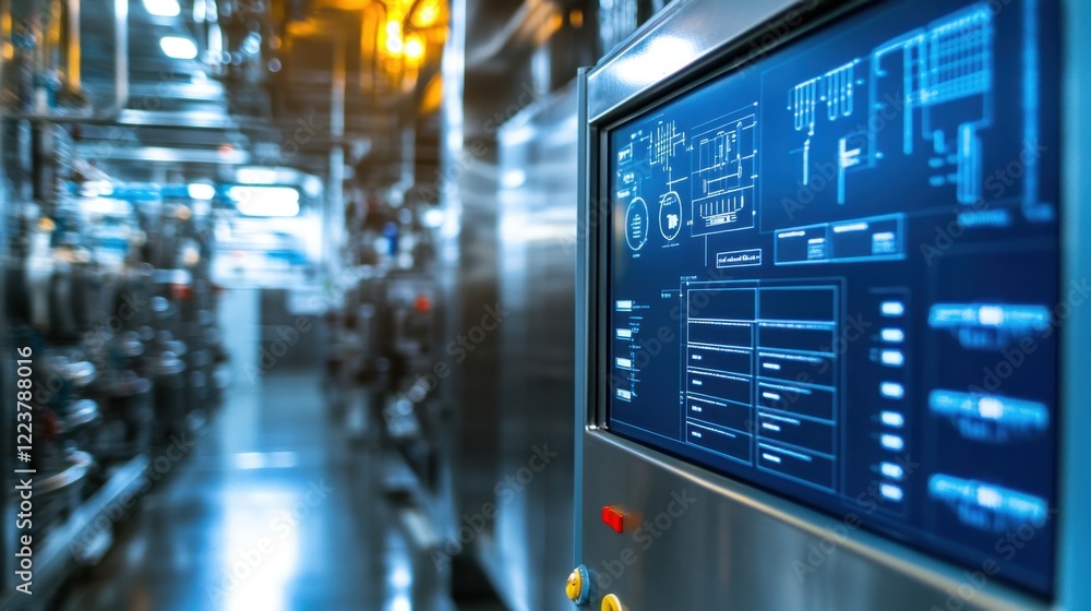 Poster a clean industrial environment with scada system monitors displaying production statistics.