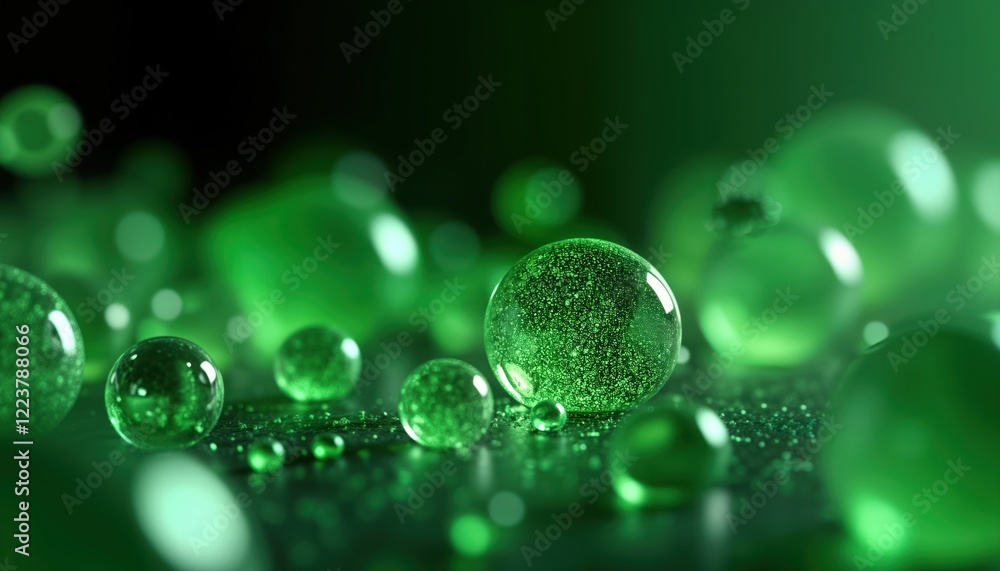 Poster Abstract bright green glowing orbs form dynamic pattern. Shiny transparent liquid drops create mysterious effect. Strong depth of field highlights translucent shapes. Futuristic, magical energy