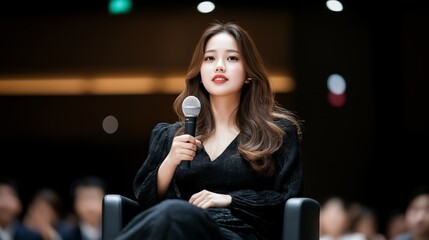 Asian young female speaker holding microphone at event