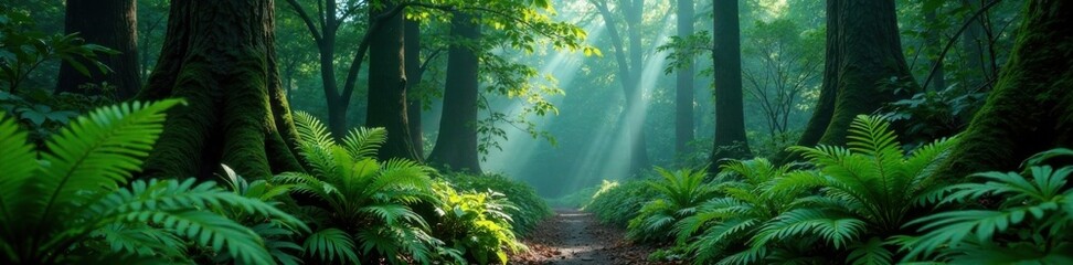 Obraz premium Dark forest with giant ferns and moss, greenery, forest, nature