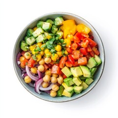 A colorful bowl of mixed vegetables salad with avocado and cherry tomatoes, isolated white background, abstract art style
