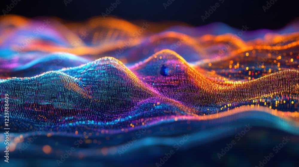 Poster colorful particles form a grid creating rolling hills in a digital landscape, representing data flow