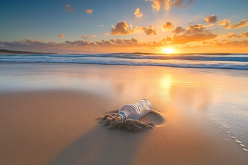 Plastic Bottle on Pristine Beach at Sunrise