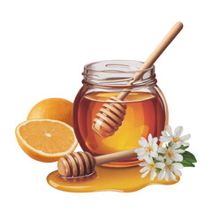 honey in a jar and flowers