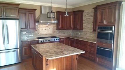 A clean kitchen with unique backsplash patterns and high-quality wood finishes.