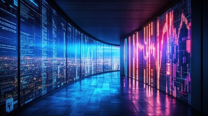 Fototapeta premium A clean interface of ERP system analytics on a large screen in a high-tech office.