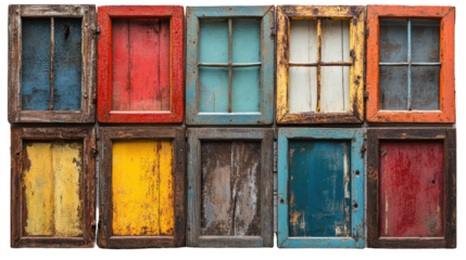 Colorful Vintage Windows: A collection of twelve rustic, multicolored vintage windows, each with unique paint colors and textures, creates a vibrant and eclectic display.