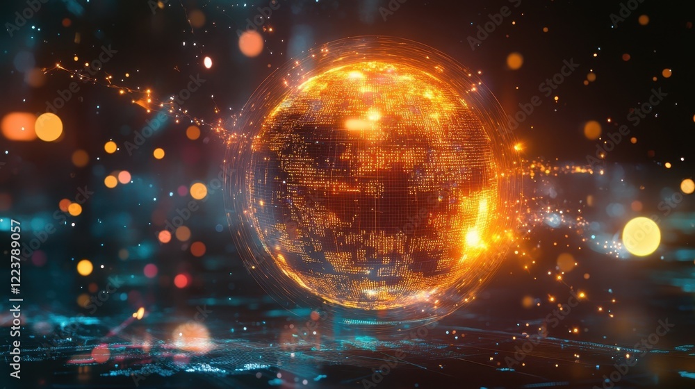 Poster futuristic glowing digital earth is rotating in space with a beautiful bokeh effect, surrounded by d