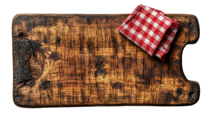 Rustic Charm: An aged, distressed wooden cutting board with a touch of red checkered cloth on top provides a timeless, rustic backdrop for your culinary creations.  