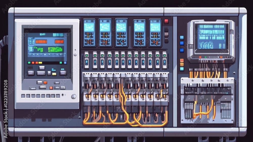 Poster a clean plc panel with status indicators glowing and wiring neatly arranged.