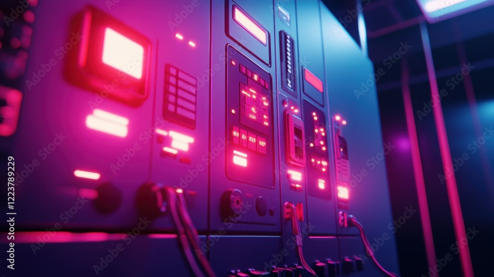 Poster a clean plc panel with status indicators glowing and wiring neatly arranged.