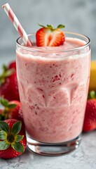 Pink Strawberry Banana Smoothie in Glass with Straw