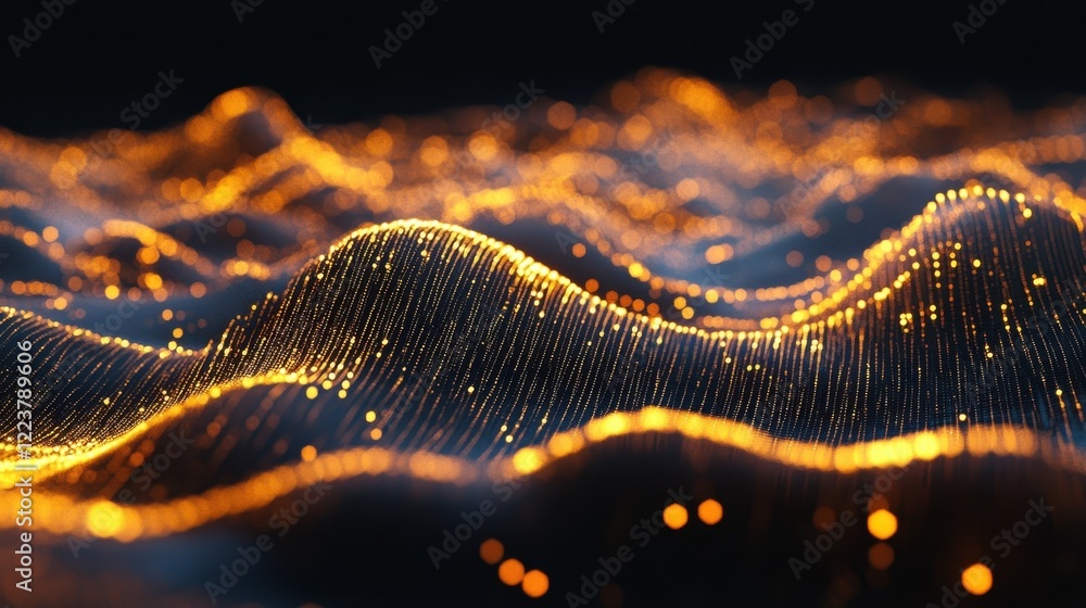 Poster golden particles are flowing and creating abstract waves in a digital space, representing concepts l
