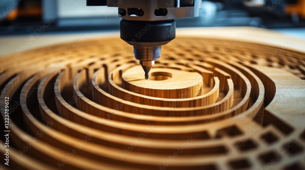 Aufkleber a close-up of a cnc router bit carving a pattern on a flat wooden surface.