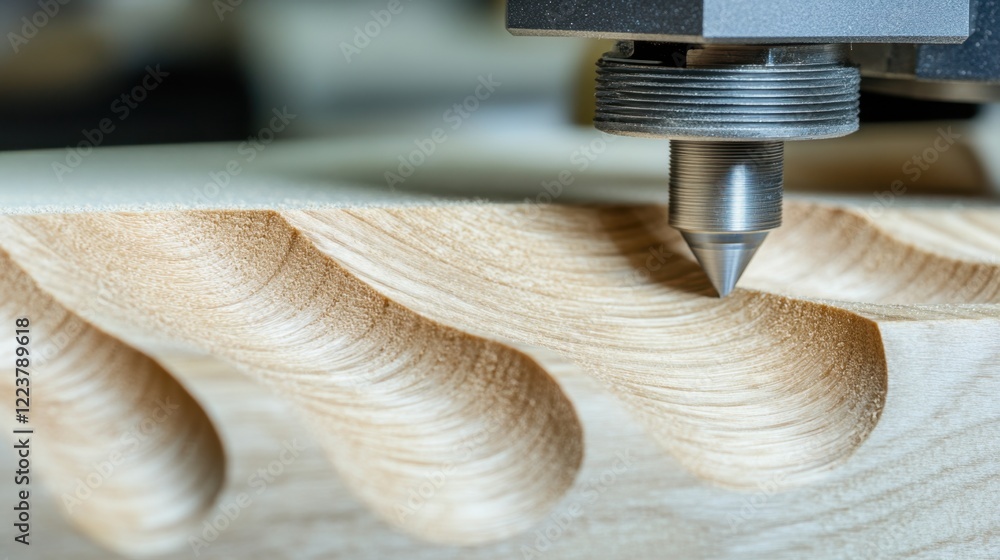 Poster a close-up of a cnc router bit carving a pattern on a flat wooden surface.