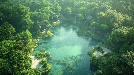 Aerial view of tranquil lagoon nestled in lush green jungle, serene landscape ideal for travel brochures