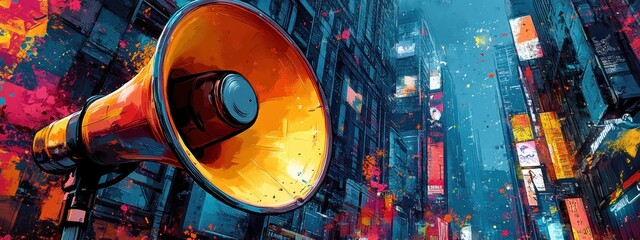 Vibrant Urban Collage with Megaphone Cityscape Street View Abstracts