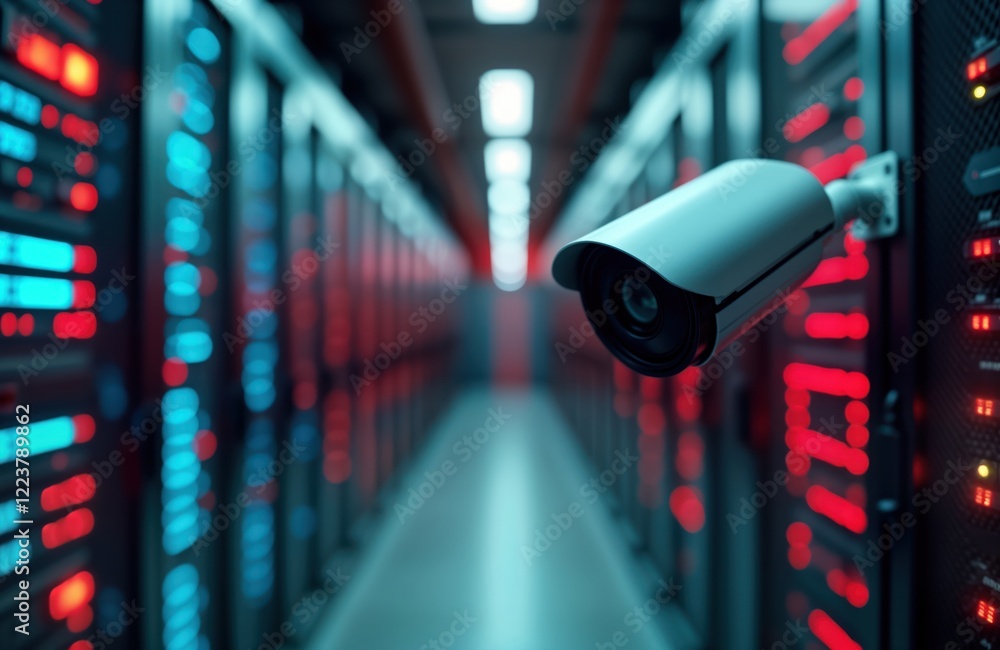 Poster Modern data center with advanced surveillance. Security camera monitors server room equipment. Tech infrastructure well-lit with glowing lights. Data protection, network security. Advanced