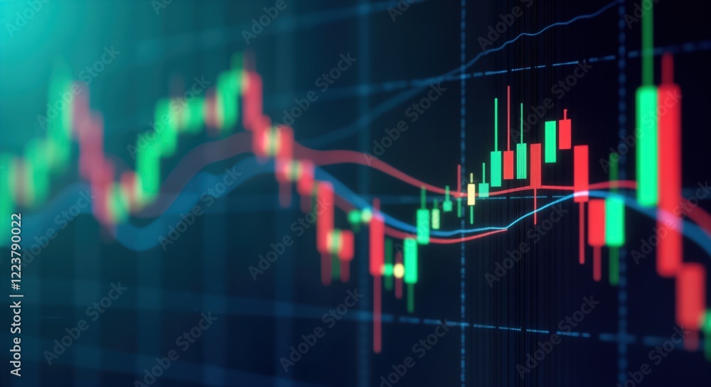 Aufkleber Tech chart shows market volatility. Red, green candlestick chart on blue screen. Up, down trends visible. Stock trading crypto currency data displayed. Financial data analysis on screen. Dax