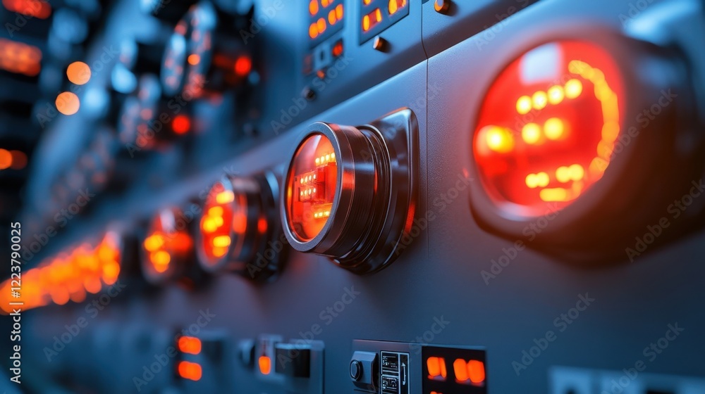 Poster a close-up of a scada alarm panel highlighting warning lights and system diagnostics.