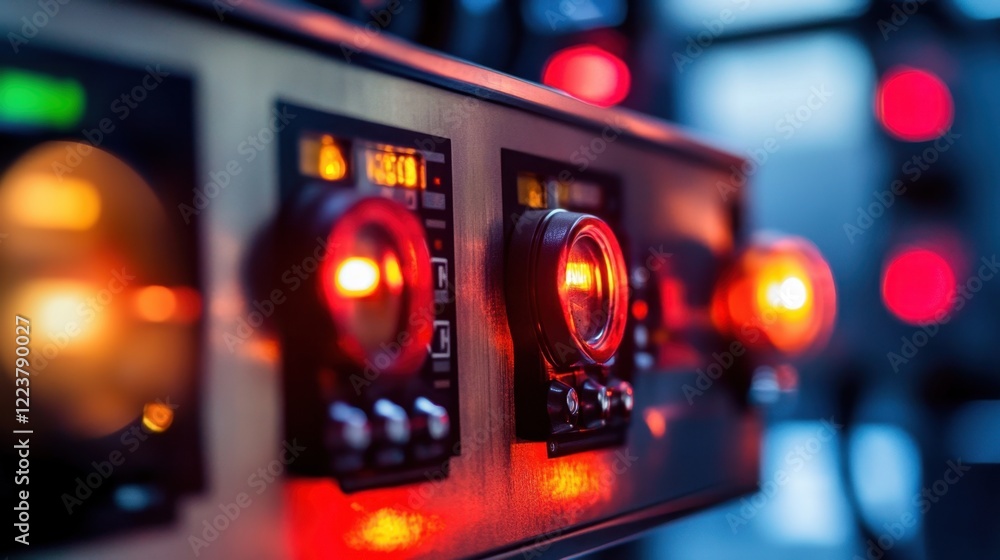 Poster a close-up of a scada alarm panel highlighting warning lights and system diagnostics.