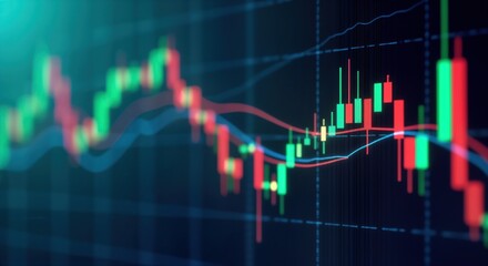 Tech chart shows market volatility. Red, green candlestick chart on blue screen. Up, down trends visible. Stock trading crypto currency data displayed. Financial data analysis on screen. Dax