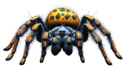 The Golden Orb Spider:  This strikingly vibrant spider, with its blue body adorned with golden spots and yellow legs, faces the camera in a captivating close-up.