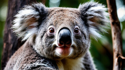 Obraz premium A cute koala sits nestled in a eucalyptus tree, gently munching on leaves with its tiny paws, radiating a sense of peaceful contentment and gentle curiosity