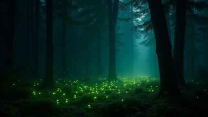 Fototapeta premium A mystical forest at night, illuminated by glowing green fireflies under a dense canopy of trees, with moonlight adding a silvery hue to the scene.