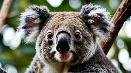 Fototapeta premium A cute koala sits nestled in a eucalyptus tree, gently munching on leaves with its tiny paws, radiating a sense of peaceful contentment and gentle curiosity