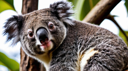 Fototapeta premium A cute koala sits nestled in a eucalyptus tree, gently munching on leaves with its tiny paws, radiating a sense of peaceful contentment and gentle curiosity
