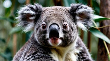 Obraz premium A cute koala sits nestled in a eucalyptus tree, gently munching on leaves with its tiny paws, radiating a sense of peaceful contentment and gentle curiosity