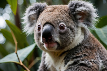 Naklejka premium A cute koala sits nestled in a eucalyptus tree, gently munching on leaves with its tiny paws, radiating a sense of peaceful contentment and gentle curiosity