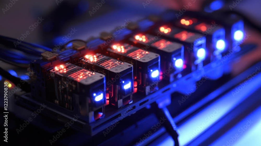 Poster a close-up of plc modules arranged in a control rack with blinking status leds.
