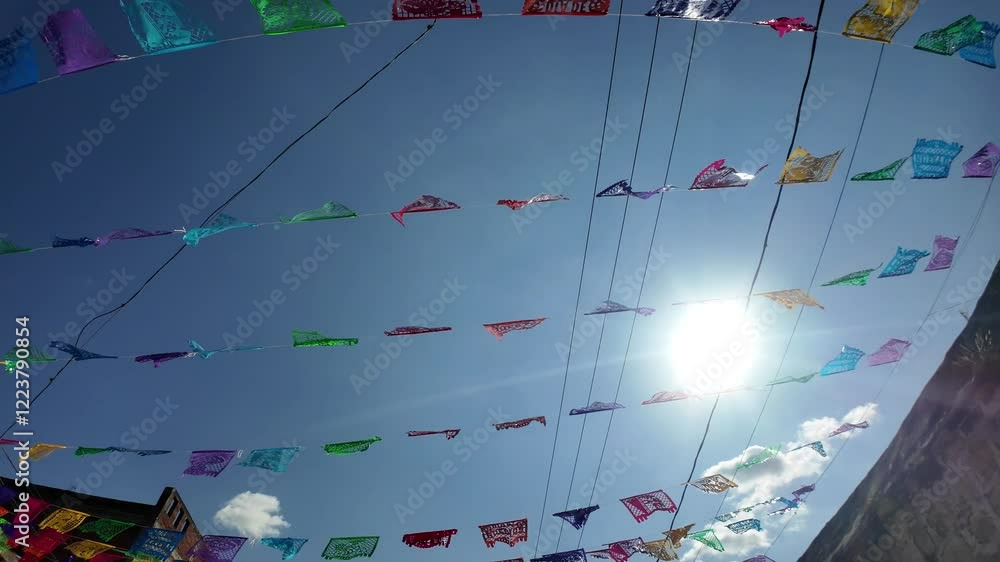 Aufkleber a colorful display of flags hangs from the ceiling of a building