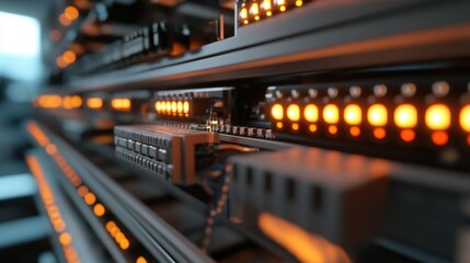 A close-up of PLC modules arranged in a control rack with blinking status LEDs.