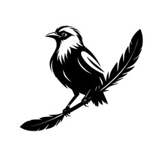 Black Bird Silhouette on Branch with Feather: Elegant Nature Vector Graphic
