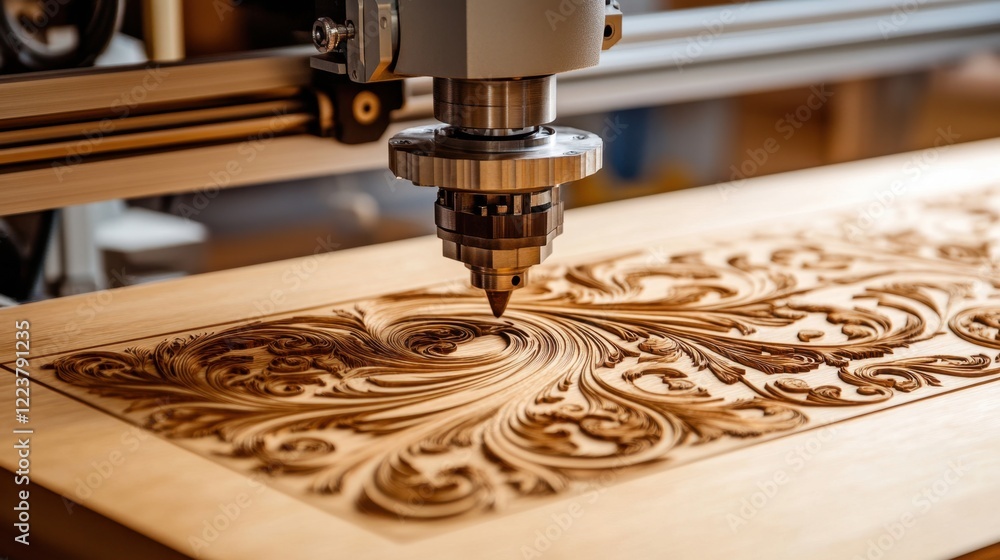 Poster a cnc engraving machine creating intricate patterns on a brass plate.