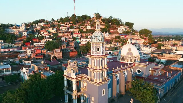 Drone rotating over the main parish church in the town of Santiago Ixcuintla, Nayarit. Mexico