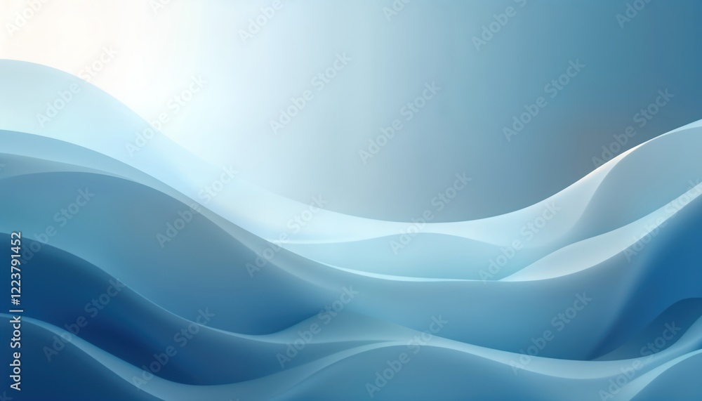 Poster abstract design with smooth light blue, white gradient. flowing shapes create serene, calm atmospher