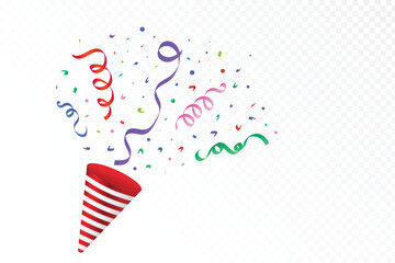 Obraz premium Colorful confetti and party popper for anniversary, birthday, festival, and holiday party celebration. Multicolor confetti and ribbon design on a white background. Tinsel and party element vector.