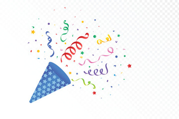 Obraz premium Multicolor confetti and ribbon explosion on a white background. Ribbon and tinsel design for anniversary, birthday, festival, and holiday celebration. Confetti and tin foil paper scrap vector.