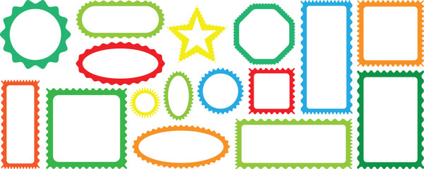 Geometric shapes with scallop and zigzag edges set. Silhouette stickers circle, square, oval and rectangle labels. wavy scalloped doodle drawn style for decoration. Cloudy wave curve edge frame