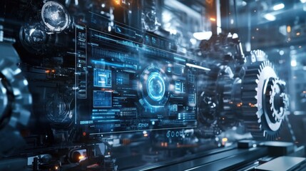 An edge computing interface displayed prominently on a factory machine with bright screens and blinking lights set against a backdrop of large gears and mechanical elements in collaboration.