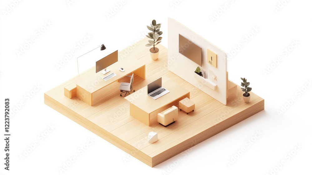 Poster modern minimalist office space design: isometric 3d render of a clean and efficient workspace with w