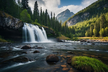 Fototapeta premium A landscape photograph featuring a serene natural scene. The image captures a cascading waterfall on the left, surrounded by lush green trees and vegetation