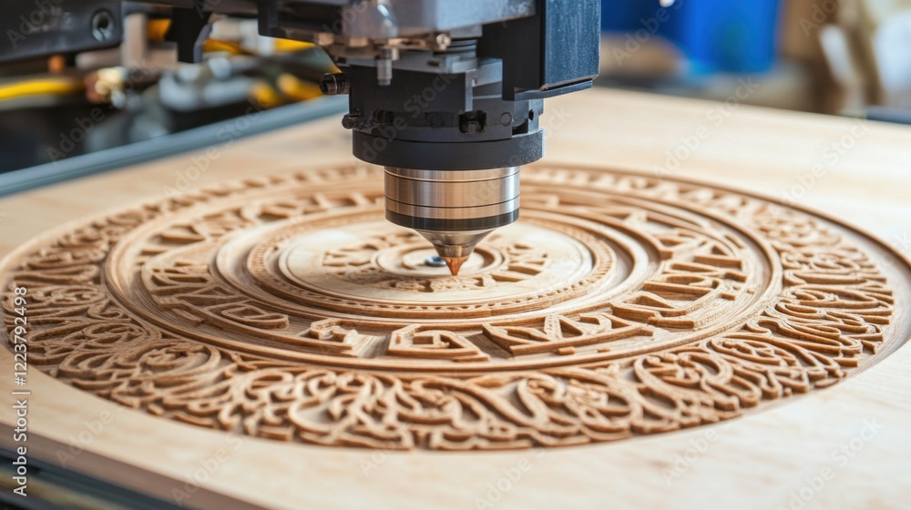 Poster a cnc wood router crafting intricate shapes in a workshop setting.