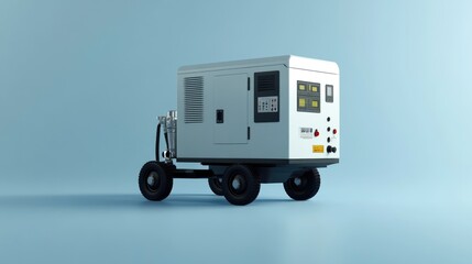 A generator with a heavy-duty build for industrial use, displayed on a pale blue surface.